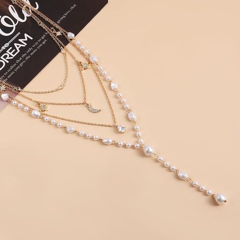 Layered Gold Pearl Lariat Necklace for Women Multi Strand Y Chain with Moon Star Charms Adjustable Statement Fashion Jewelry for Party Wedding Gift in Saudi Arabia