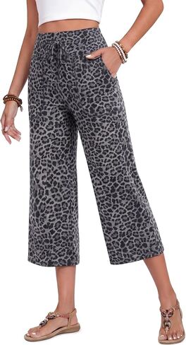 ZOOSIXX Capri Pants for Women - Wide Leg Loose Casual Trousers with Pockets Summer High Waisted Drawstring Pants in Kuwait