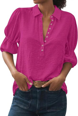 Relipop Women Button Down Shirt Puff Short Sleeve 2026 Summer Casual Collared V Neck Blouse Loose Fit Work Tops in Saudi Arabia