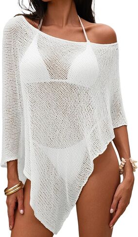 Herseas Women Sheer Bathing Suit Cover Up Crochet Knit Mesh Poncho Top Off The Shoulder Shrug Loose Beach Boho Swimwear in Kuwait