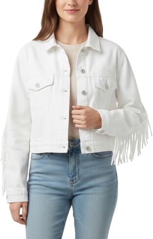 White Fringe Denim Jean Jacket for Women – Stylish & Comfortable Distressed Fabric with a Unique Fringe for All-Day Wear (US, Alpha, Small, Medium, Regular, Regular, White) in Saudi Arabia