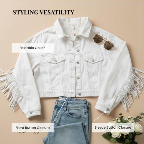 White Fringe Denim Jean Jacket for Women – Stylish & Comfortable Distressed Fabric with a Unique Fringe for All-Day Wear (US, Alpha, Small, Medium, Regular, Regular, White) in Saudi Arabia