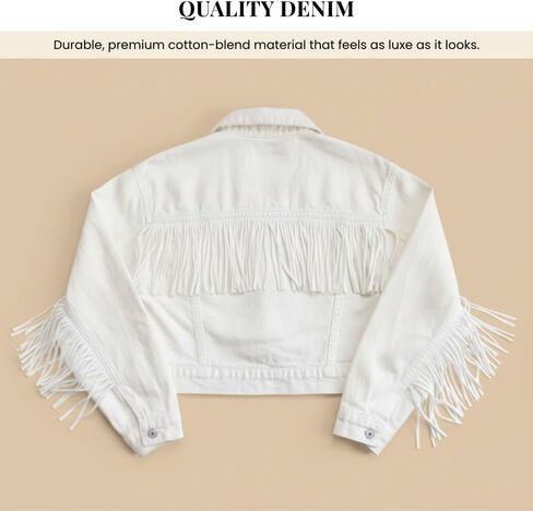 White Fringe Denim Jean Jacket for Women – Stylish & Comfortable Distressed Fabric with a Unique Fringe for All-Day Wear (US, Alpha, Small, Medium, Regular, Regular, White) in Saudi Arabia