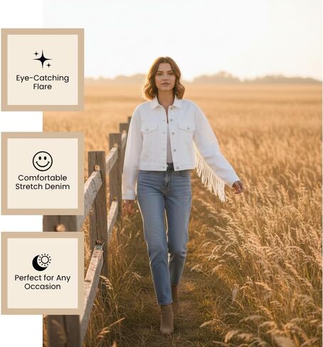 White Fringe Denim Jean Jacket for Women – Stylish & Comfortable Distressed Fabric with a Unique Fringe for All-Day Wear (US, Alpha, Small, Medium, Regular, Regular, White) in Saudi Arabia