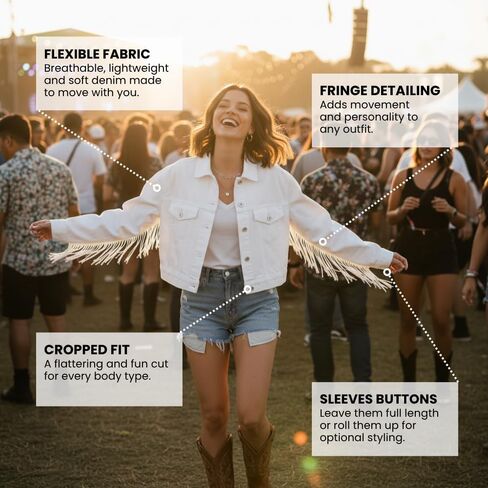 White Fringe Denim Jean Jacket for Women – Stylish & Comfortable Distressed Fabric with a Unique Fringe for All-Day Wear (US, Alpha, Small, Medium, Regular, Regular, White) in Saudi Arabia