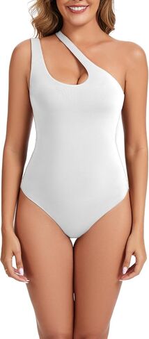 Women's Sexy Plunge One Shoulder Sleeveless V Backless Going Out Tank Bodysuits Tops in Kuwait