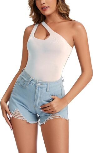 Women's Sexy Plunge One Shoulder Sleeveless V Backless Going Out Tank Bodysuits Tops in Kuwait
