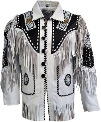 Men's Western White Fringed and Beaded Leather Jacket in Saudi Arabia