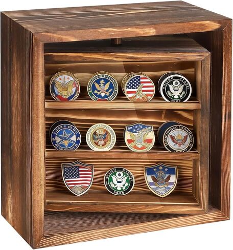 Wood Double-Sided Rotating Challenge Coin Display Case, Medals Collectible Figures Cabinet Shadow Box, Honoring Veterans & Collectors Holder Storage Box for Bobble Heads in Saudi Arabia