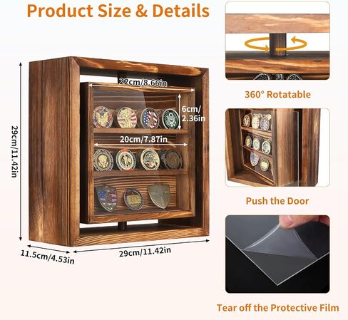 Wood Double-Sided Rotating Challenge Coin Display Case, Medals Collectible Figures Cabinet Shadow Box, Honoring Veterans & Collectors Holder Storage Box for Bobble Heads in Saudi Arabia