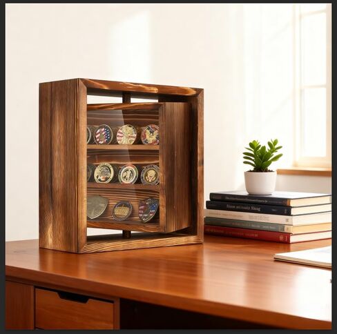 Wood Double-Sided Rotating Challenge Coin Display Case, Medals Collectible Figures Cabinet Shadow Box, Honoring Veterans & Collectors Holder Storage Box for Bobble Heads in Saudi Arabia