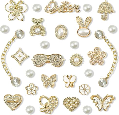 30 Pcs Bling Shoe Charms for Women, Sparkle Pearl Rhinestones Shoe Decoration Charms, Gold Butterfly, Flower & Chain Shoe Accessories for Clogs Sandals in Saudi Arabia