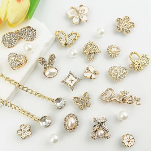 30 Pcs Bling Shoe Charms for Women, Sparkle Pearl Rhinestones Shoe Decoration Charms, Gold Butterfly, Flower & Chain Shoe Accessories for Clogs Sandals in Saudi Arabia