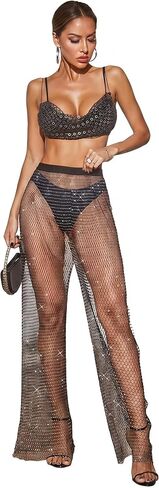 Women Crystal Rhinestone Mesh Pants Sheer Hollow Out Fishnet Pants Sparkly Glittery Cover Up for Rave Party Festival Beach in Saudi Arabia