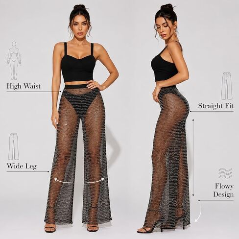 Women Crystal Rhinestone Mesh Pants Sheer Hollow Out Fishnet Pants Sparkly Glittery Cover Up for Rave Party Festival Beach in Saudi Arabia