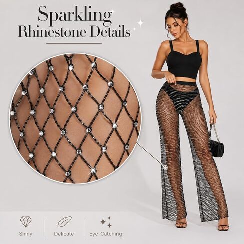 Women Crystal Rhinestone Mesh Pants Sheer Hollow Out Fishnet Pants Sparkly Glittery Cover Up for Rave Party Festival Beach in Saudi Arabia