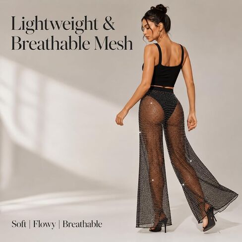 Women Crystal Rhinestone Mesh Pants Sheer Hollow Out Fishnet Pants Sparkly Glittery Cover Up for Rave Party Festival Beach in Saudi Arabia