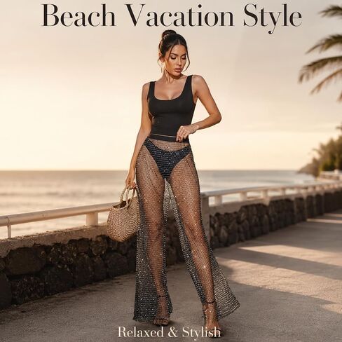 Women Crystal Rhinestone Mesh Pants Sheer Hollow Out Fishnet Pants Sparkly Glittery Cover Up for Rave Party Festival Beach in Saudi Arabia