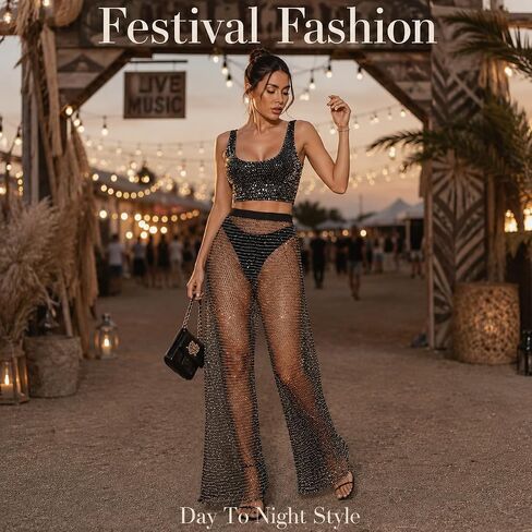 Women Crystal Rhinestone Mesh Pants Sheer Hollow Out Fishnet Pants Sparkly Glittery Cover Up for Rave Party Festival Beach in Saudi Arabia