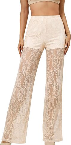 Lace Pants for Women Sexy See Through Sheer Floral Pants High Waisted Straight Leg Long Pants Stretchy Club Wear Going Out in Saudi Arabia