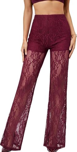 Lace Pants for Women Sexy See Through Sheer Floral Pants High Waisted Straight Leg Long Pants Stretchy Club Wear Going Out in Saudi Arabia