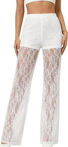 Lace Pants for Women Sexy See Through Sheer Floral Pants High Waisted Straight Leg Long Pants Stretchy Club Wear Going Out in Saudi Arabia