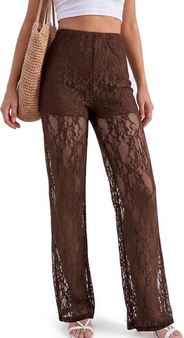 Lace Pants for Women Sexy See Through Sheer Floral Pants High Waisted Straight Leg Long Pants Stretchy Club Wear Going Out in Saudi Arabia