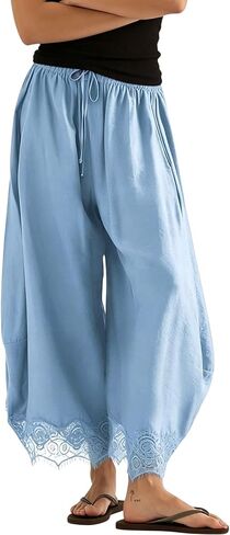 Women's Lace Hem Wide Leg Pants Summer Drawstring High Waist Ruffle Boho Beach Vacation Barrel Palazzo Trousers in Saudi Arabia