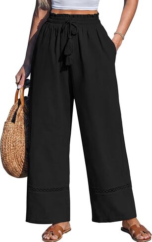 Sarin Mathews Womens Wide Leg Linen Pants High Waisted Drawstring Palazzo Casual Summer Beach Pants with Pockets in Kuwait