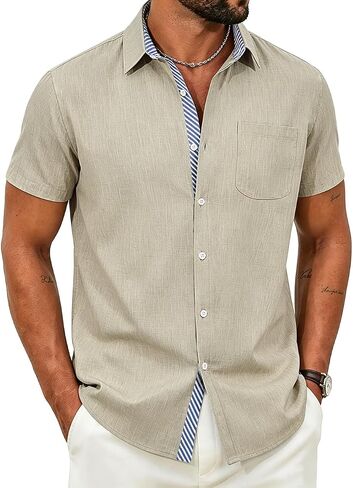 Men's Linen Shirt Button Down Shirts Short Sleeve Casual Summer Business Work Shirt with Pocket in Saudi Arabia