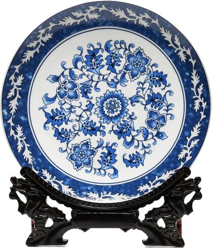 10.24'' Blue and White Porcelain Decorative Plate with Display Stand, Traditional Qinghua Floral Art from Jingdezhen (Blue and White, Lotus Design) in Saudi Arabia