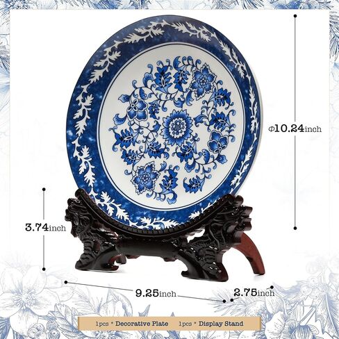 10.24'' Blue and White Porcelain Decorative Plate with Display Stand, Traditional Qinghua Floral Art from Jingdezhen (Blue and White, Lotus Design) in Saudi Arabia