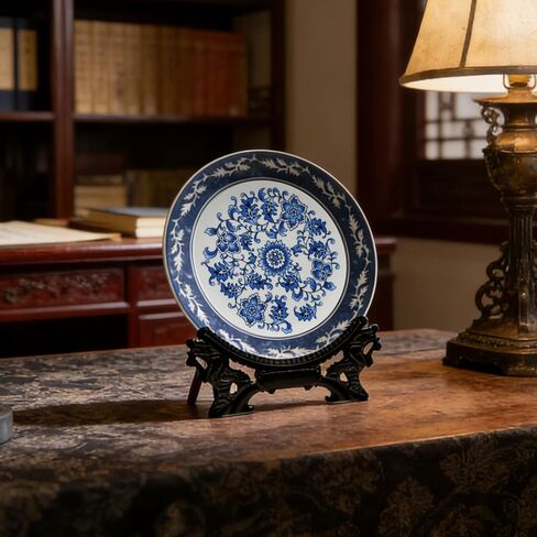 10.24'' Blue and White Porcelain Decorative Plate with Display Stand, Traditional Qinghua Floral Art from Jingdezhen (Blue and White, Lotus Design) in Saudi Arabia