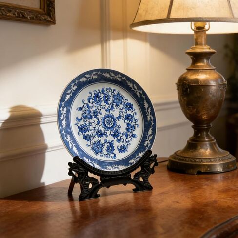 10.24'' Blue and White Porcelain Decorative Plate with Display Stand, Traditional Qinghua Floral Art from Jingdezhen (Blue and White, Lotus Design) in Saudi Arabia