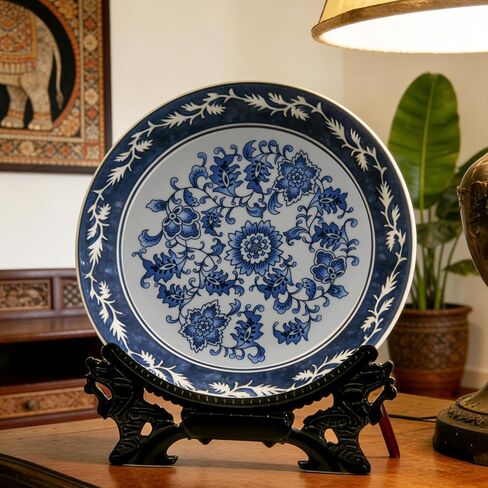 10.24'' Blue and White Porcelain Decorative Plate with Display Stand, Traditional Qinghua Floral Art from Jingdezhen (Blue and White, Lotus Design) in Saudi Arabia