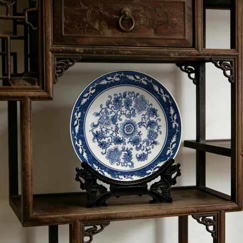 10.24'' Blue and White Porcelain Decorative Plate with Display Stand, Traditional Qinghua Floral Art from Jingdezhen (Blue and White, Lotus Design) in Saudi Arabia