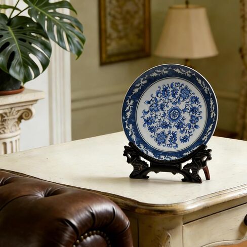10.24'' Blue and White Porcelain Decorative Plate with Display Stand, Traditional Qinghua Floral Art from Jingdezhen (Blue and White, Lotus Design) in Saudi Arabia