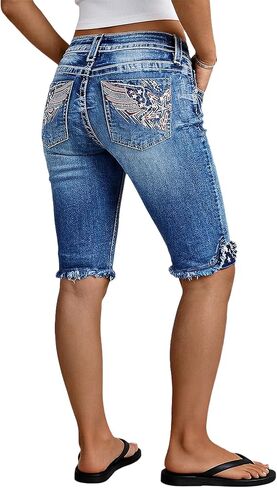 Flamingals Mid Waist Denim Bermuda Shorts for Women Wash Star Embroidery Raw Hem Casual Keen Lenght Jean Shorts in Kuwait