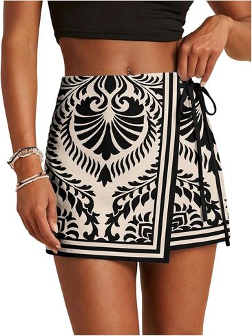 SweatyRocks Women's Shorts Floral Print Tie Side Wrap Elastic Waist Boho Short Skorts Black Apricot Small in Kuwait
