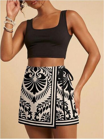 SweatyRocks Women's Shorts Floral Print Tie Side Wrap Elastic Waist Boho Short Skorts Black Apricot Small in Kuwait