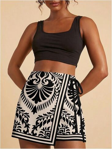 SweatyRocks Women's Shorts Floral Print Tie Side Wrap Elastic Waist Boho Short Skorts Black Apricot Small in Kuwait