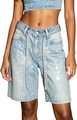 Women's Rhinestone Sparkly Denim Shorts High Waisted Casual Wide Leg Glitter Y2K Short Jeans with Belt Streetwear in Kuwait