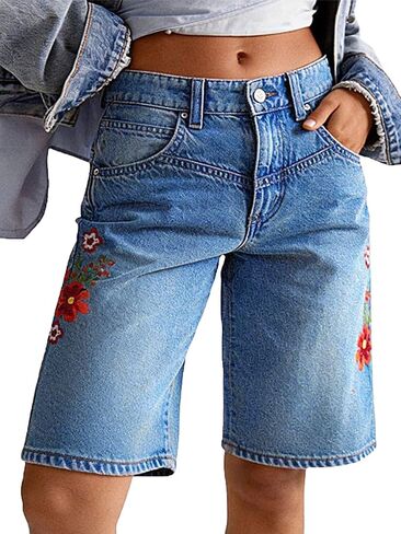 Flamingals Mid Rise Straight Leg Denim Bermuda Shorts Wash Floral Embroidery V Yoke Casual Stretchy Capris Jean Shorts in Kuwait