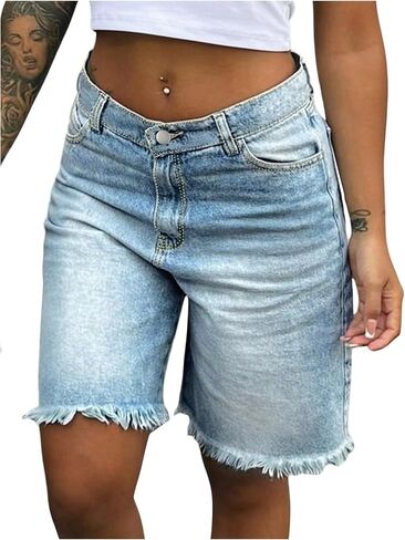 GORGLITTER Women's Denim Jean Shorts Western Bermuda Shorts Raw Low Rise Distressed Summer Wide Leg Bottoms with Pockets in Kuwait