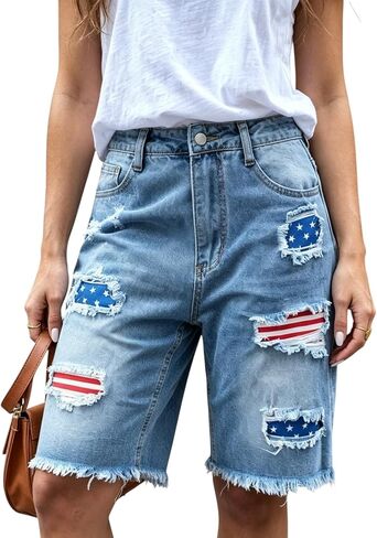 Denim Bermuda Shorts for Women American Flag Patched Mid Rise Ripped Raw Hem Knee Length Trendy Jean Patriotic Shorts in Kuwait