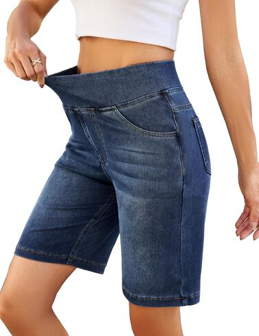Womens Jean Shorts High Waisted Stretchy Elastic Waist Tummy Control Pull On Denim Bermuda Shorts in Kuwait