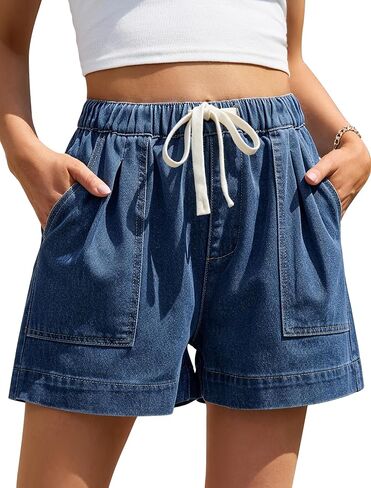 Eddoyee Jean Shorts for Women High Waisted Drawstring Pull On Stretchy Denim Shorts Wide Leg Jorts with Pockets(S-XXL) in Kuwait