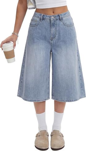 LYANER Women's Low Rise Wide Leg Baggy Y2k Bermuda Denim Jean Shorts with Pockets in Kuwait