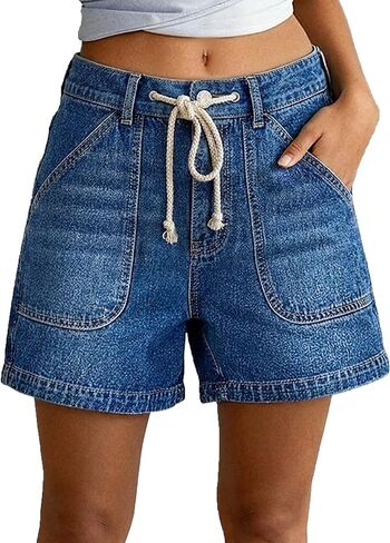Flamingals High Waist Denim Bermuda Shorts for Women Raw Hem Stitch Detail Drawstring Summer Casual Jean Shorts with Pockets in Kuwait