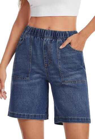 Metietila Pull-on Bermuda Shorts for Women High Waisted Elastic Waist Jean Shorts Baggy Summer 8 Inch Inseam Denim Jorts in Kuwait